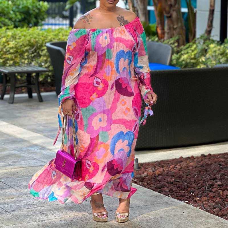 Floral Print Off Shoulder Plus Size Maxi Dress