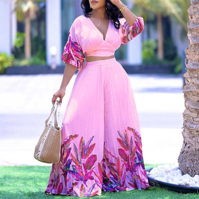 Floral Print V-Neck Crop Top & Pleated Wide Leg Pants Set