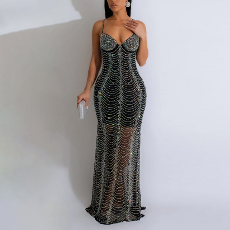 Rhinestone Sheer Mesh Spaghetti Strap Maxi Dress