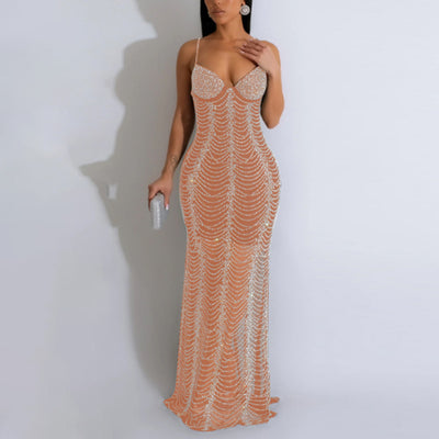 Rhinestone Sheer Mesh Spaghetti Strap Maxi Dress