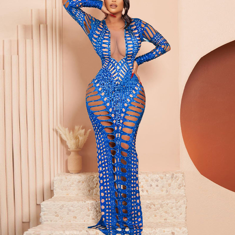 Rhinestone Long Sleeve Cut Out Maxi Dress