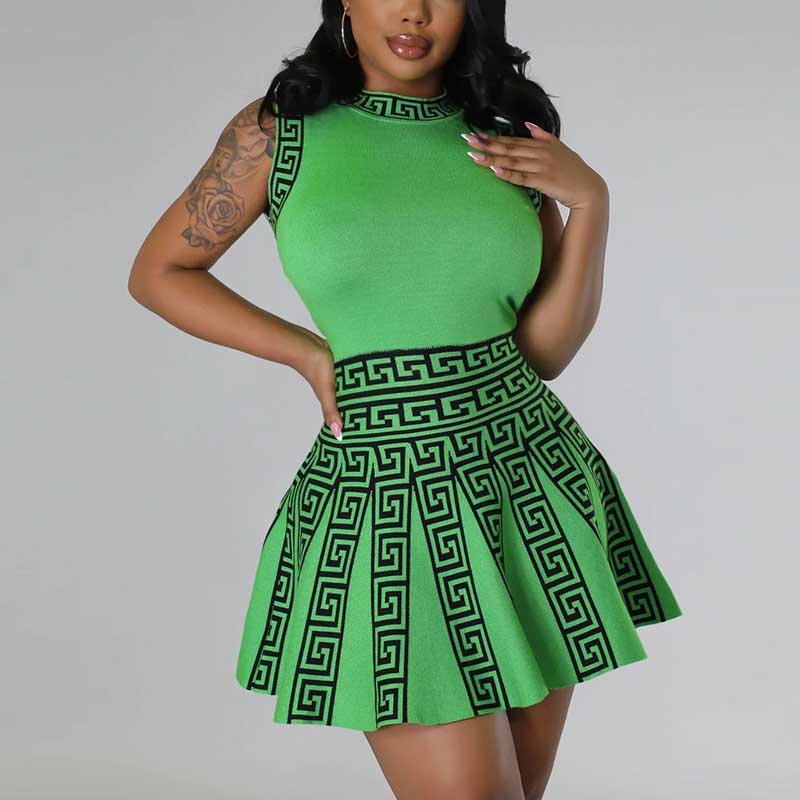 Graphic Print Sleeveless Pleated Mini Dress