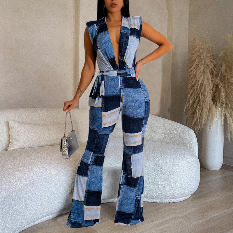 Colorful Deep V-Neck Belted Jumpsuit