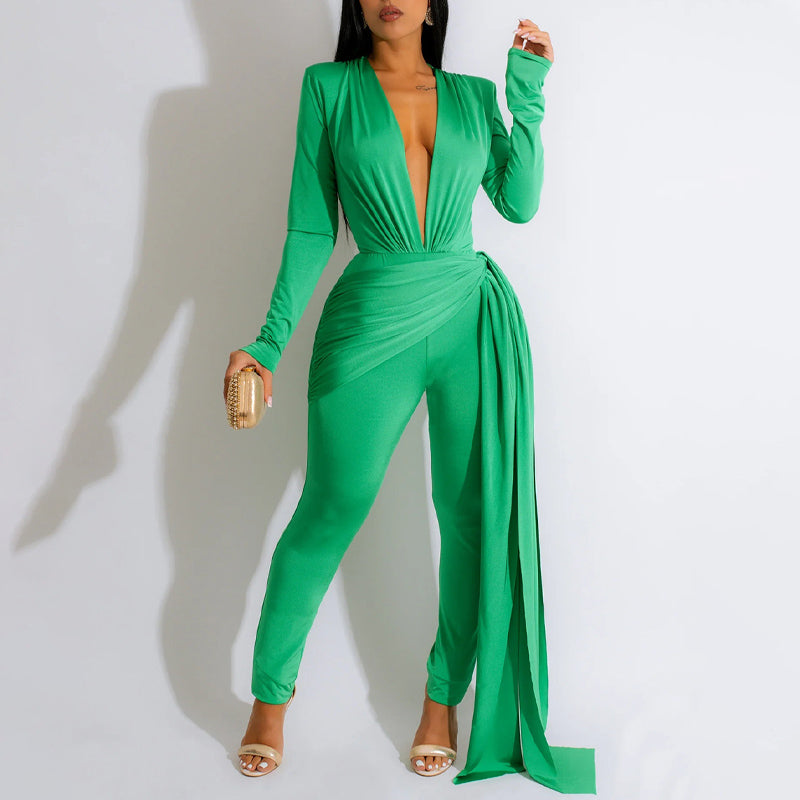 Solid Long Sleeve Deep V-Neck Train Jumpsuit