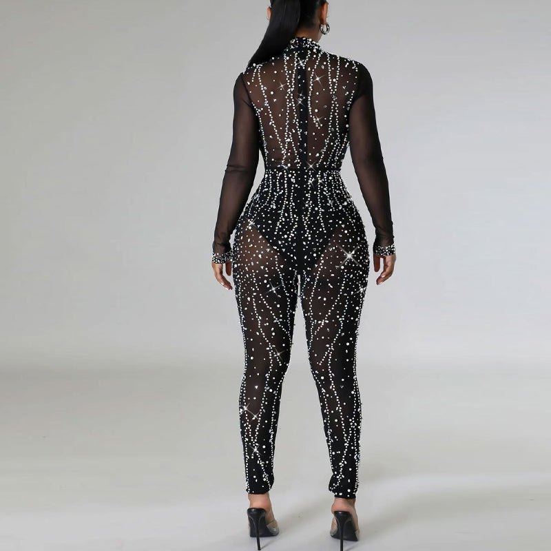 Rhinestone Mock Neck Sheer Mesh Skinny Jumpsuit