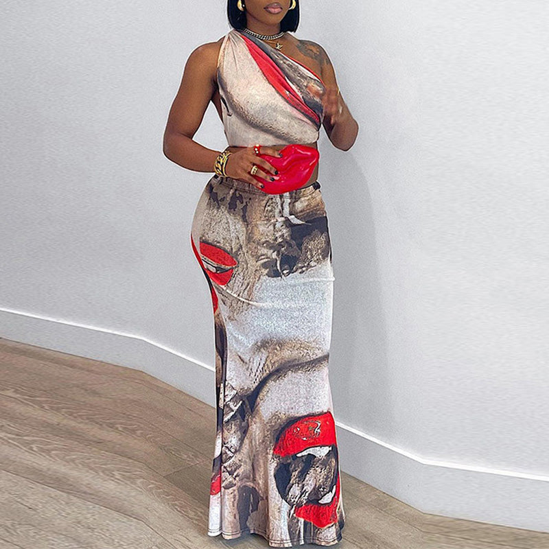 Print Obique Shoulder Crop Top & Skirt Set