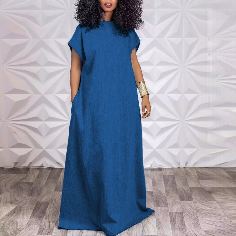 Denim Back V-Shaped Short Sleeve Maxi Dress