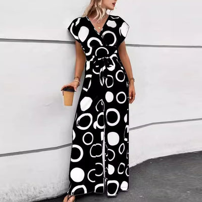 Geometric Print V-Neck Wide Leg Jumpsuit