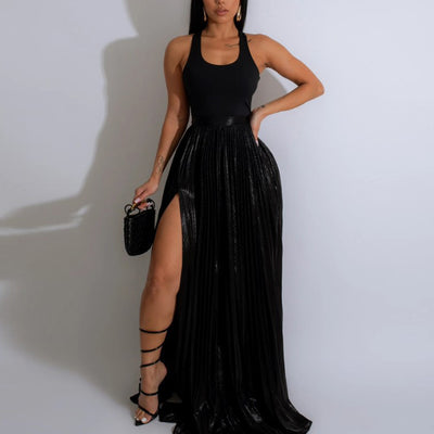 Glitter High Slit Pleated Skirt Set