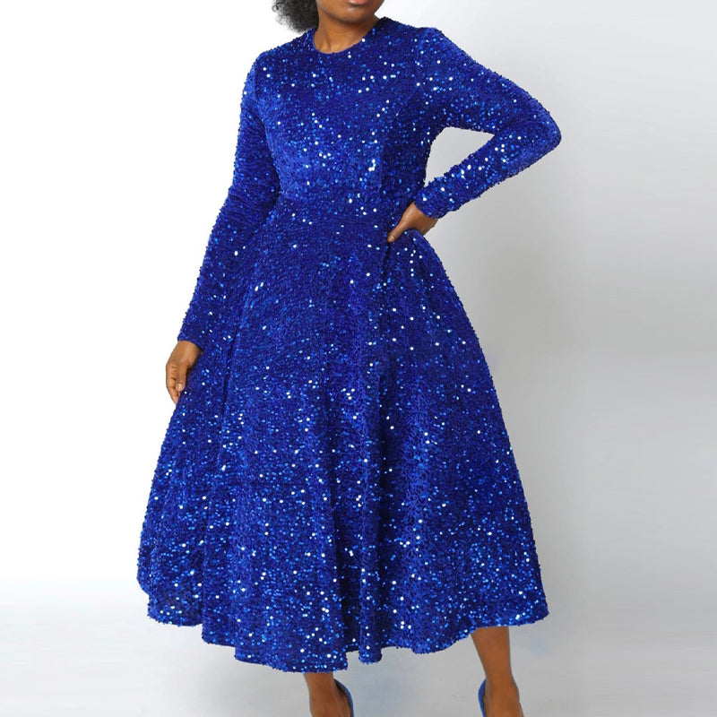 Sequin Round Neck Long Sleeve Midi Dress