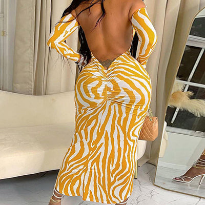 Zebra Print Off Shoulder Long Sleeve Midi Dress