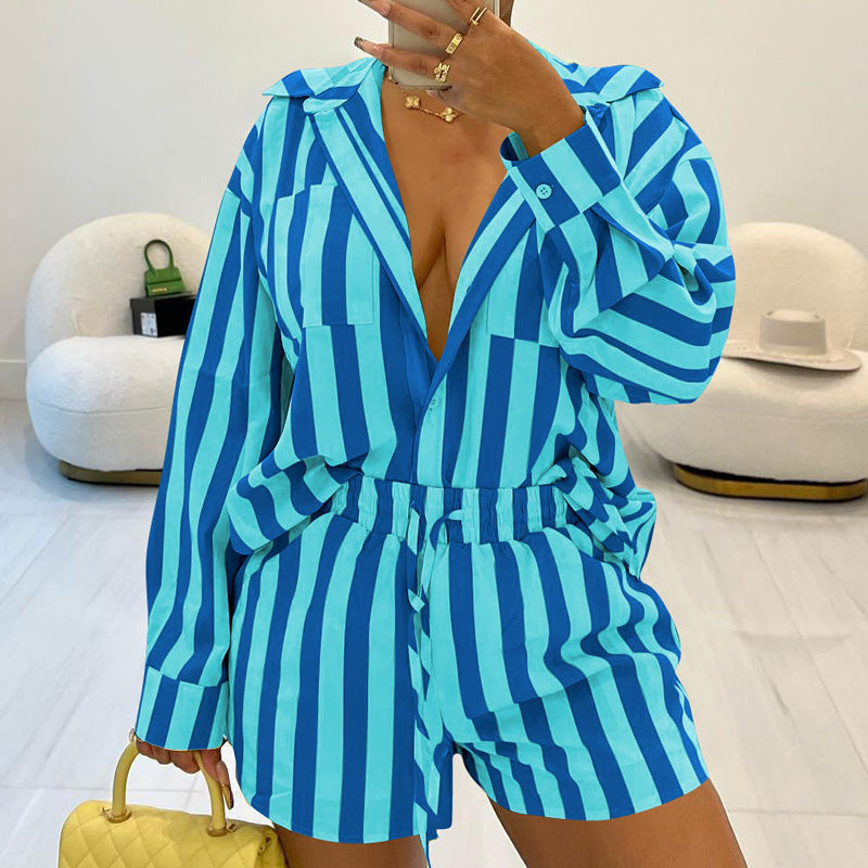 Striped Long Sleeve Blouse & Shorts Set