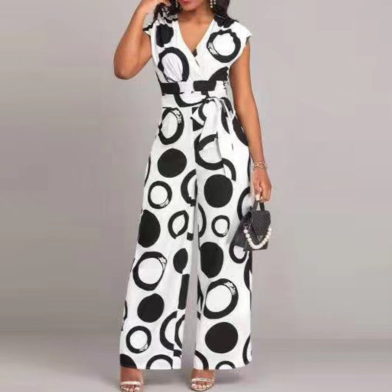 Geometric Print V-Neck Wide Leg Jumpsuit