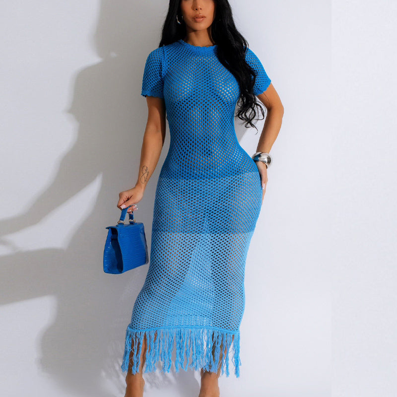 Color Block Mesh Short Sleeve Tassel Maxi Dress