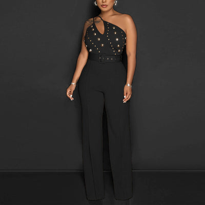 Solid Oblique Shoulder Studded Wide Leg Jumpsuit