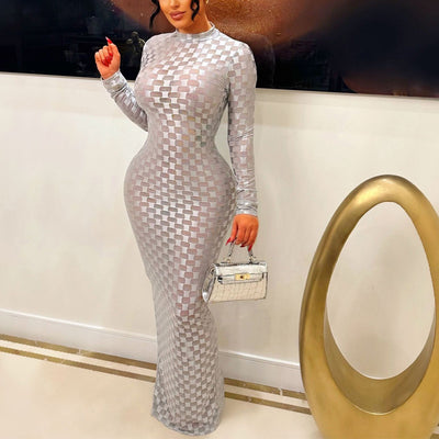 Solid Sheer Mesh Long Sleeve Maxi Dress