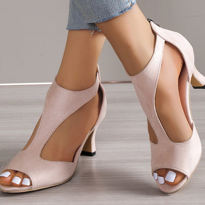 Solid T-strap Peep Toe High Heeled Sandals