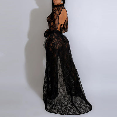 Lace Backless Sheer Mesh Long Sleeve Jumpsuit