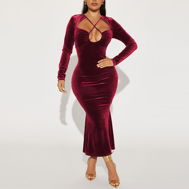 Solid Long Sleeve Fishtail Velvet Dress