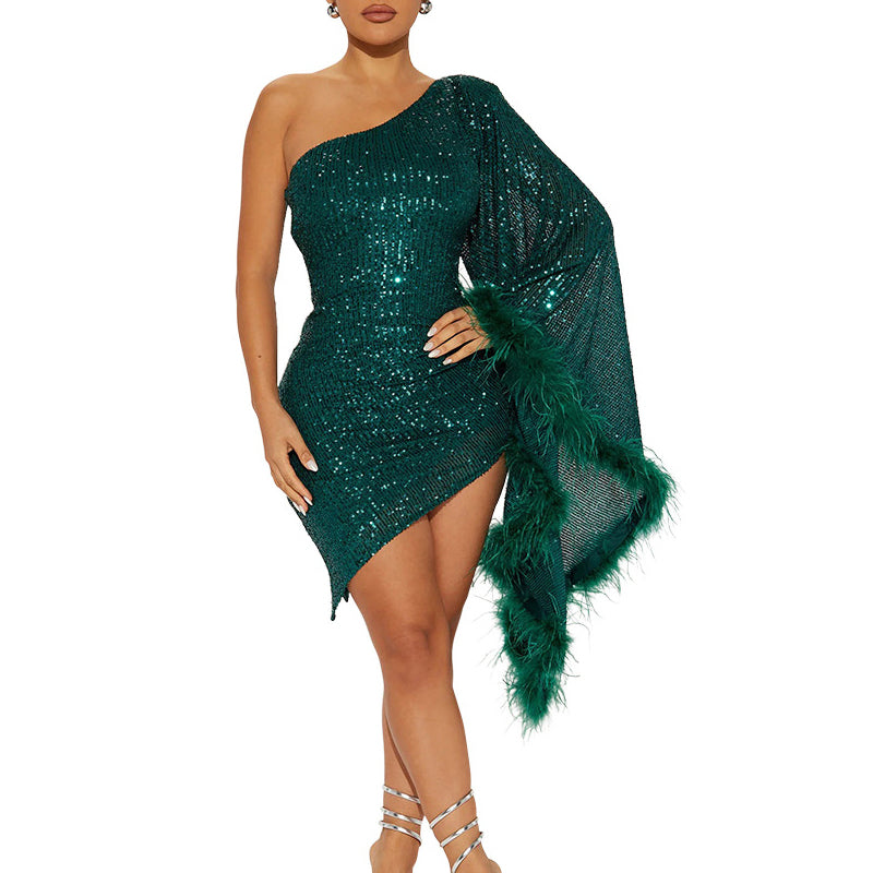 Sequin Oblique Shoulder Feather Detailed Bodycon Dress