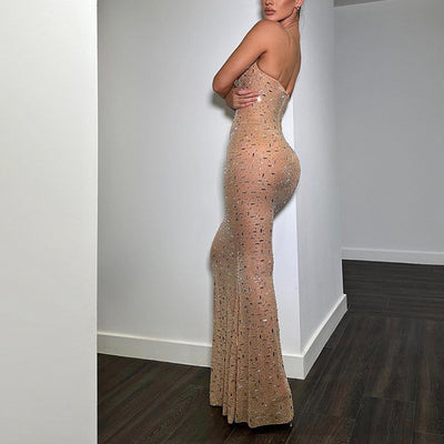 Rhinestone Sheer Mesh Spaghetti Strap Maxi Dress