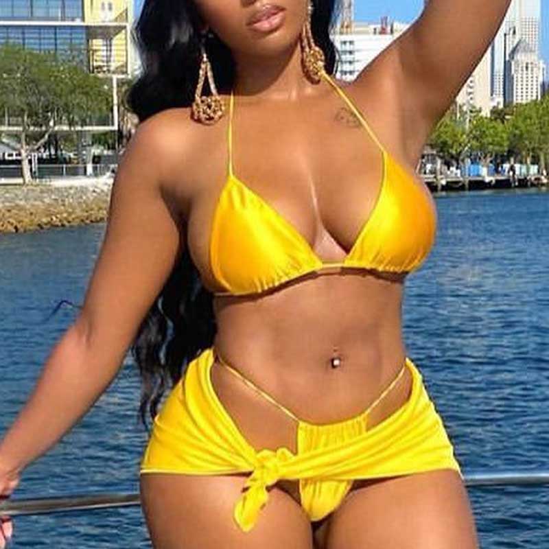 Solid Halter Deep V-Neck 3PCS Bikini Set