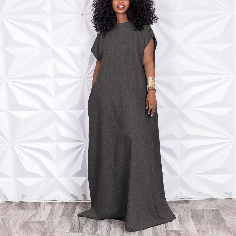 Denim Back V-Shaped Short Sleeve Maxi Dress