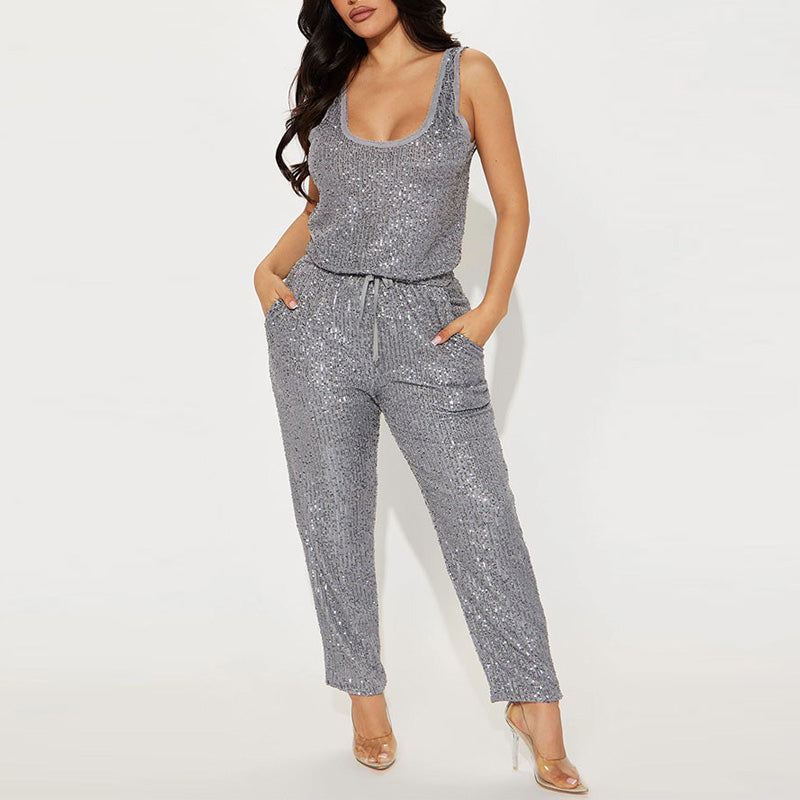 Sequins Sleeveless Belted Jumpsuit