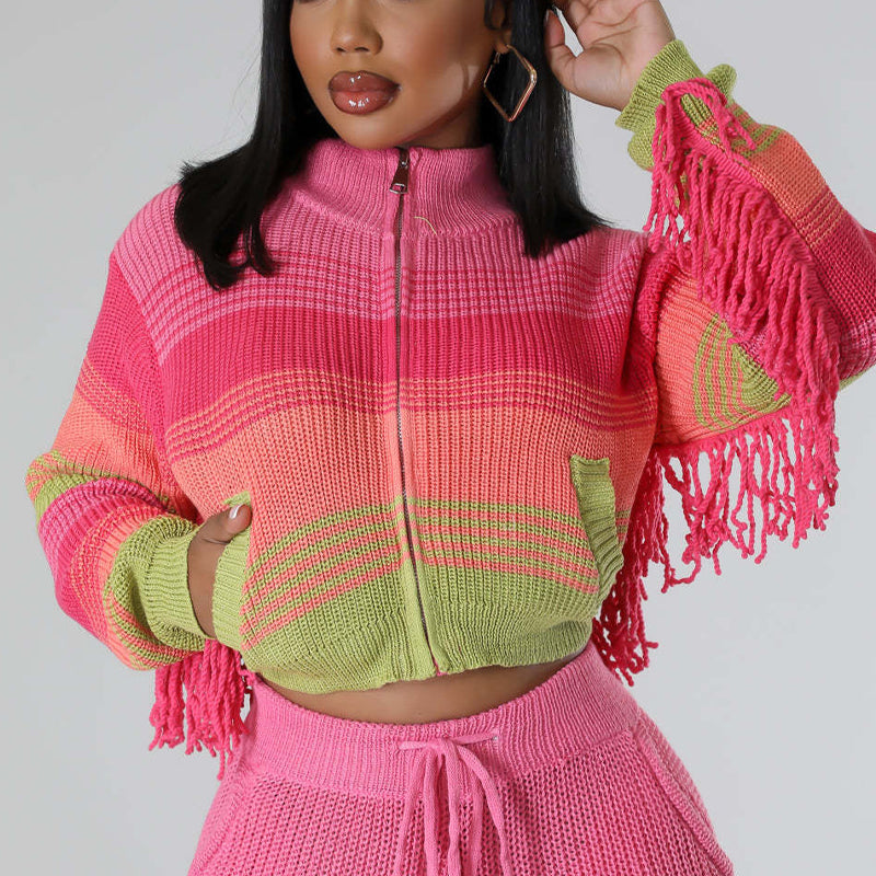 Colorful Tassles Long Sleeve Crop Sweater