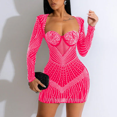 Rhinestone Long Sleeve Sheer Mesh Patch Bodycon Dress