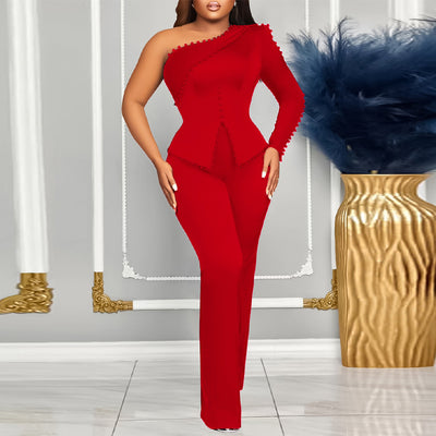 Elegant Oblique Shoulder Studded Jumpsuit