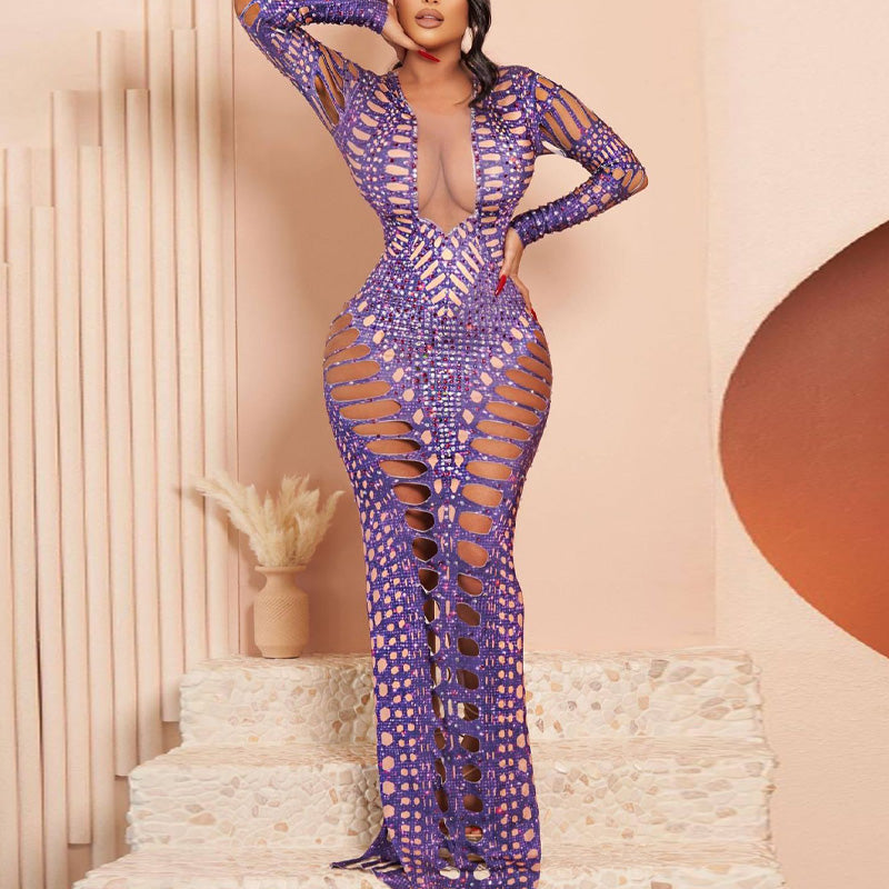 Rhinestone Long Sleeve Cut Out Maxi Dress