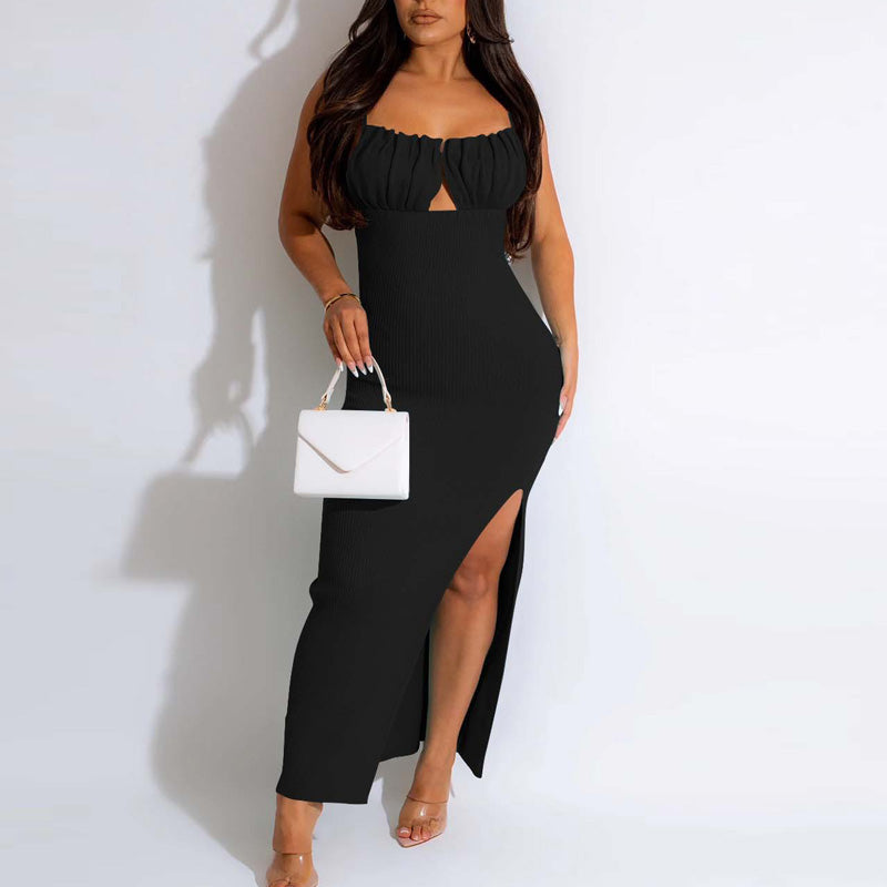 Solid Spaghetti Strap Backless High Slit Maxi Dress