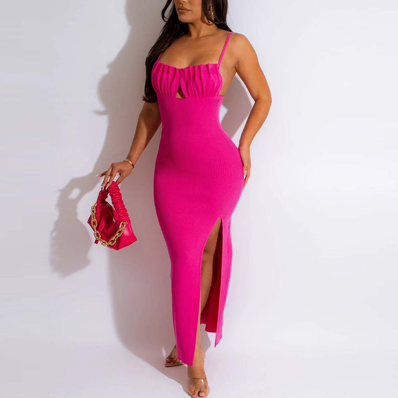 Solid Spaghetti Strap Backless High Slit Maxi Dress