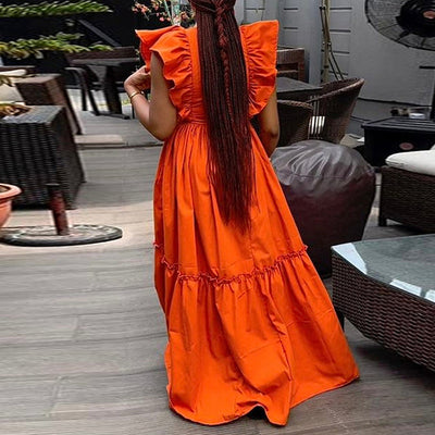 Solid Ruffle Sleeve Maxi Dress