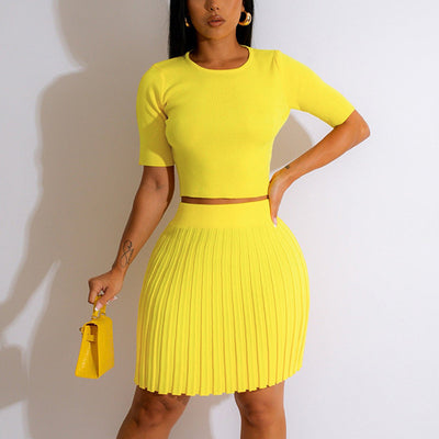 Solid Short Sleeve Top & Pleated Skirt Set