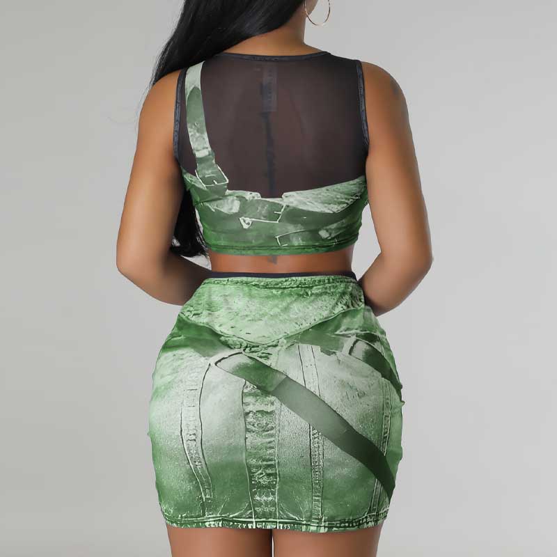 Print Sheer Mesh 2PCS Skirt Set