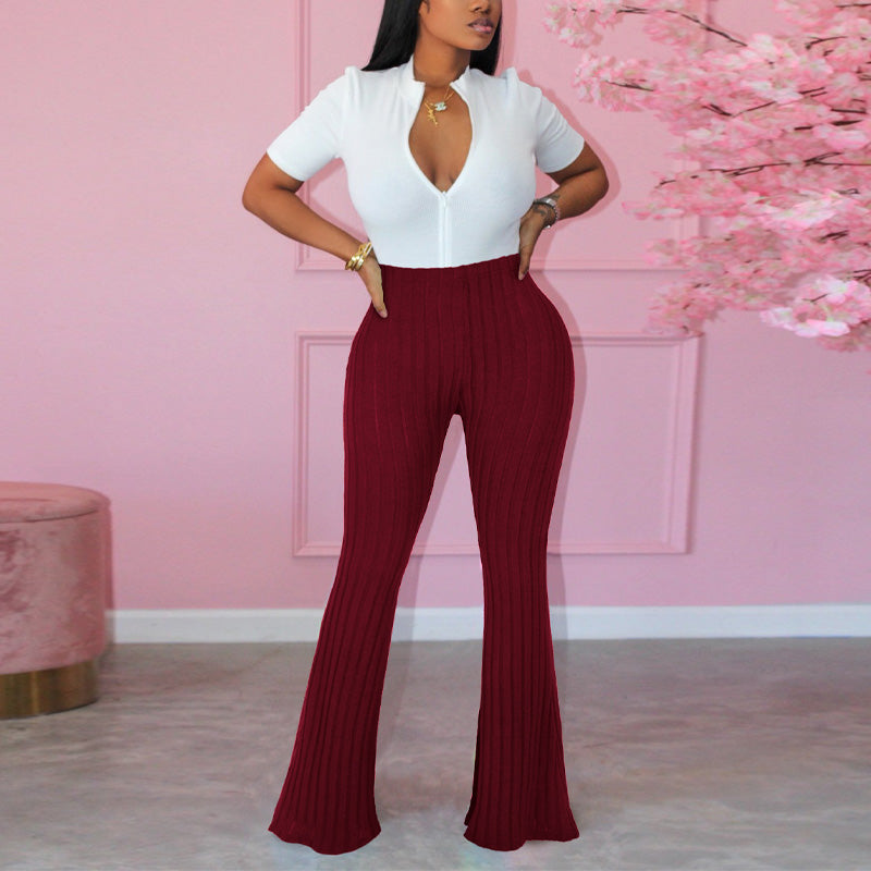 Casual High Waist Ribbed Bell Bottomed Pants