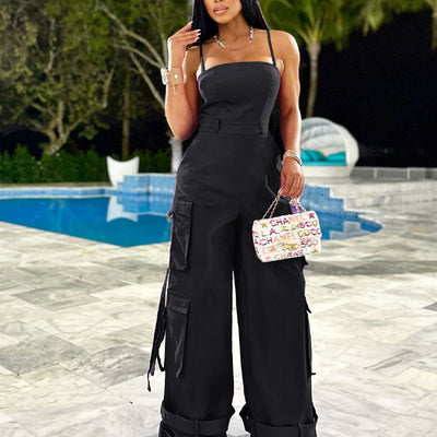 Solid Spaghetti Strap Wide Leg Jumpsuit