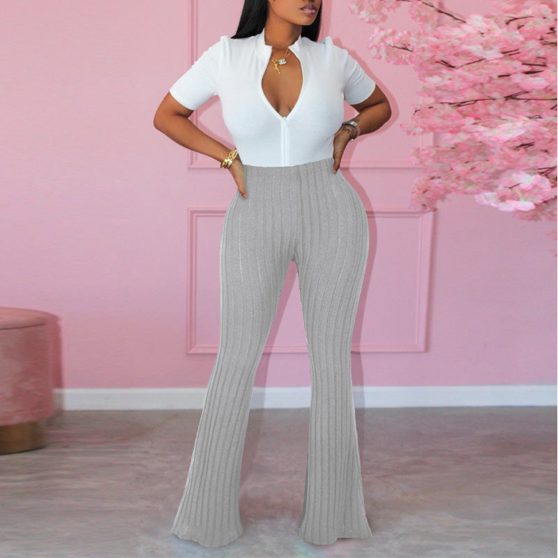 Casual High Waist Ribbed Bell Bottomed Pants