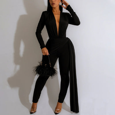 Solid Long Sleeve Deep V-Neck Train Jumpsuit