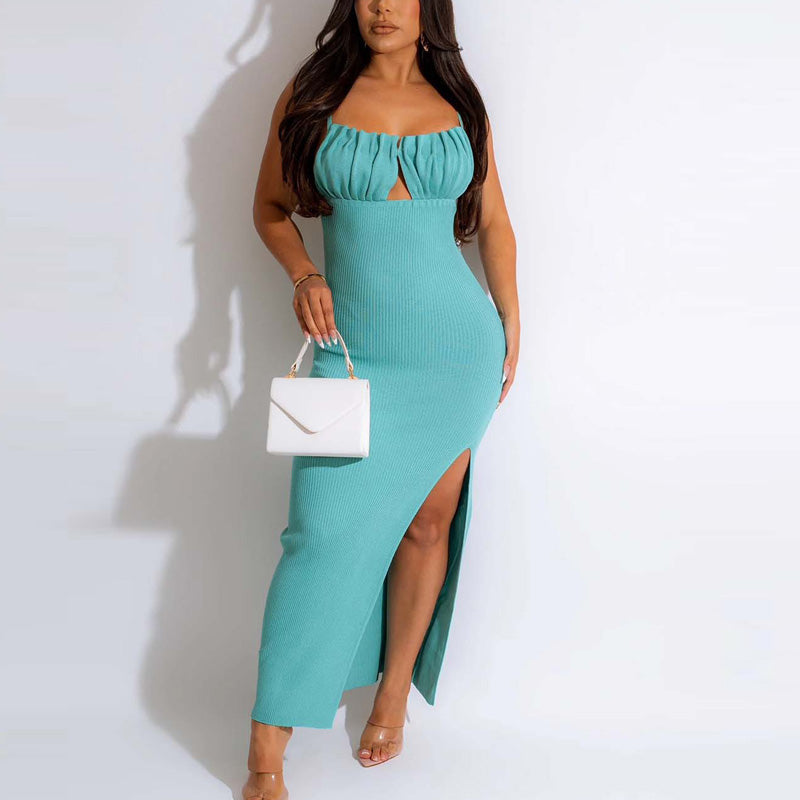 Solid Spaghetti Strap Backless High Slit Maxi Dress