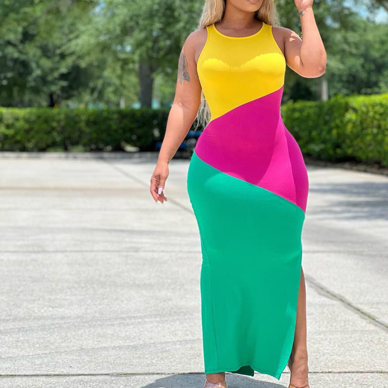 Colorblock Sleeveless Side Slits Maxi Dress