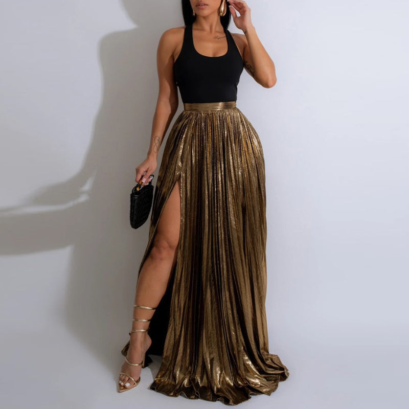 Glitter High Slit Pleated Skirt Set