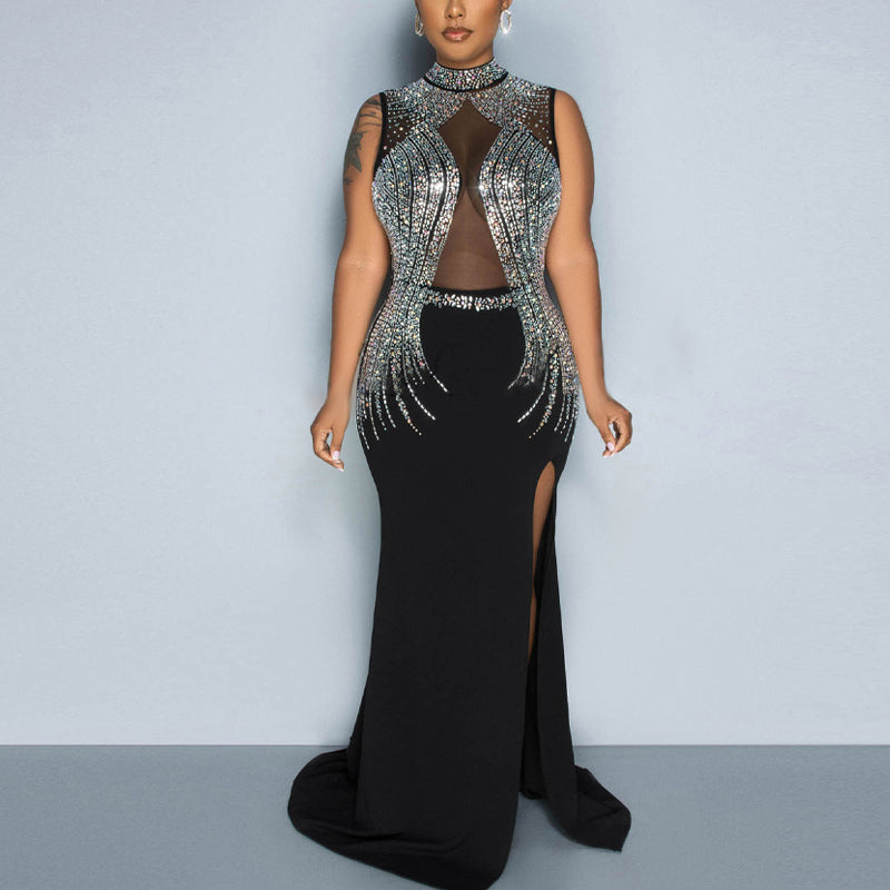 Rhinestone Sheer Mesh Patch High Slit Maxi Dress