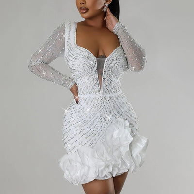 Rhinestone Sheer Mesh Sleeve Ruffle Hem Bodycon Dress