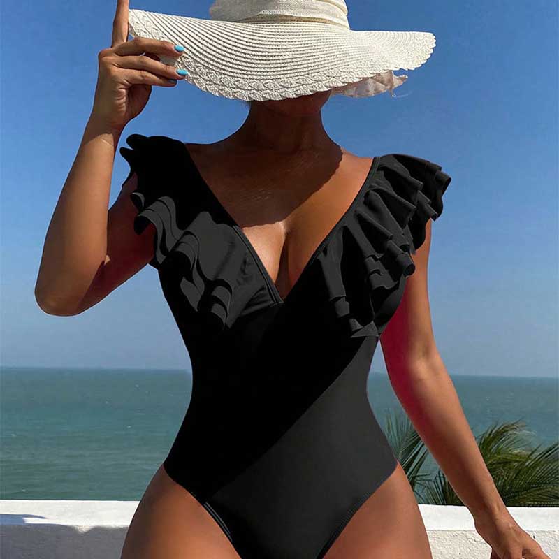 Solid Ruffle V-Neck One Piece Swimsuit