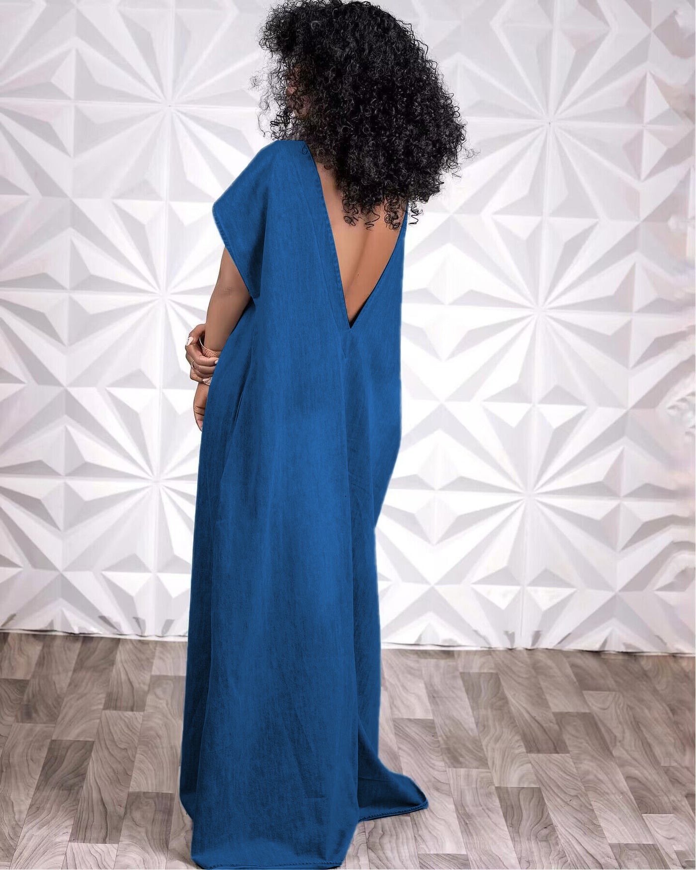 Denim Back V-Shaped Short Sleeve Maxi Dress