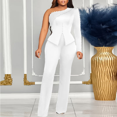 Elegant Oblique Shoulder Studded Jumpsuit