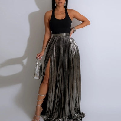 Glitter High Slit Pleated Skirt Set